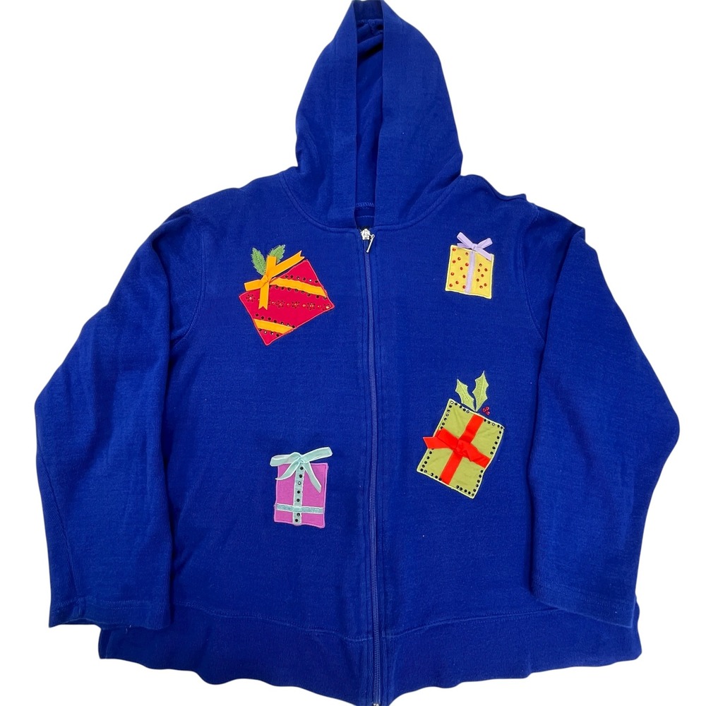 Blue Zip Up Hoodie Jacket Women Applique Gift Box Holiday Cozy Casual Size READ